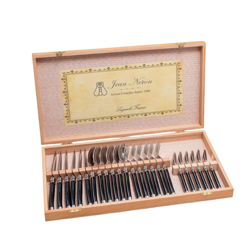  Ensemble de couverts 24 pièces, noir dans une boîte de présentation en bois, Noir
