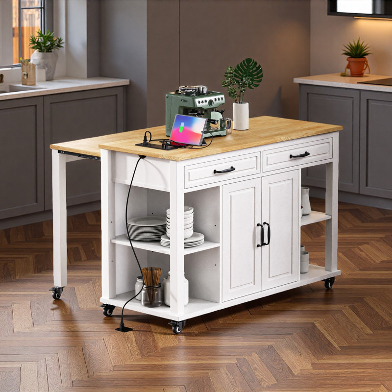 47 Inch Kitchen Island With Extendable Dining Table, Rubber Wood Veneer Kitchen Table With Internal Storage Rack, Power Outlet, Kitchen Island With Storage 2 Drawers 2 Cabinet