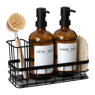 Distributeurs de savon à main et à vaisselle, ensemble de distributeur de savon de cuisine avec porte-éponge, porte-brosse et éponge Luffah, accessoires pour organisateur d'évier de comptoir