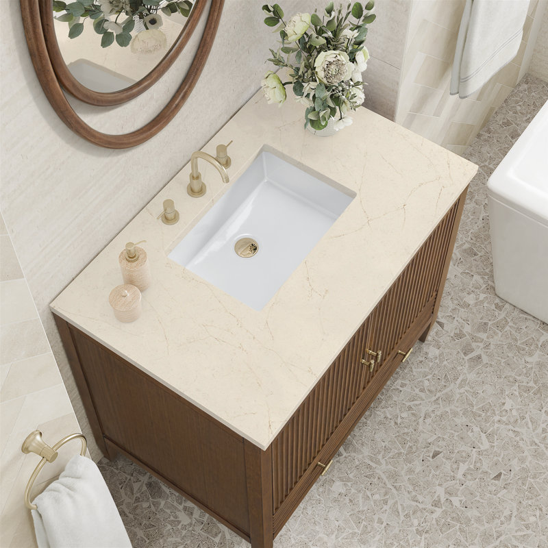 Myrrin 36'' W Single Vanity, Mid-Century Walnut, White Zeus, 8" Widespread