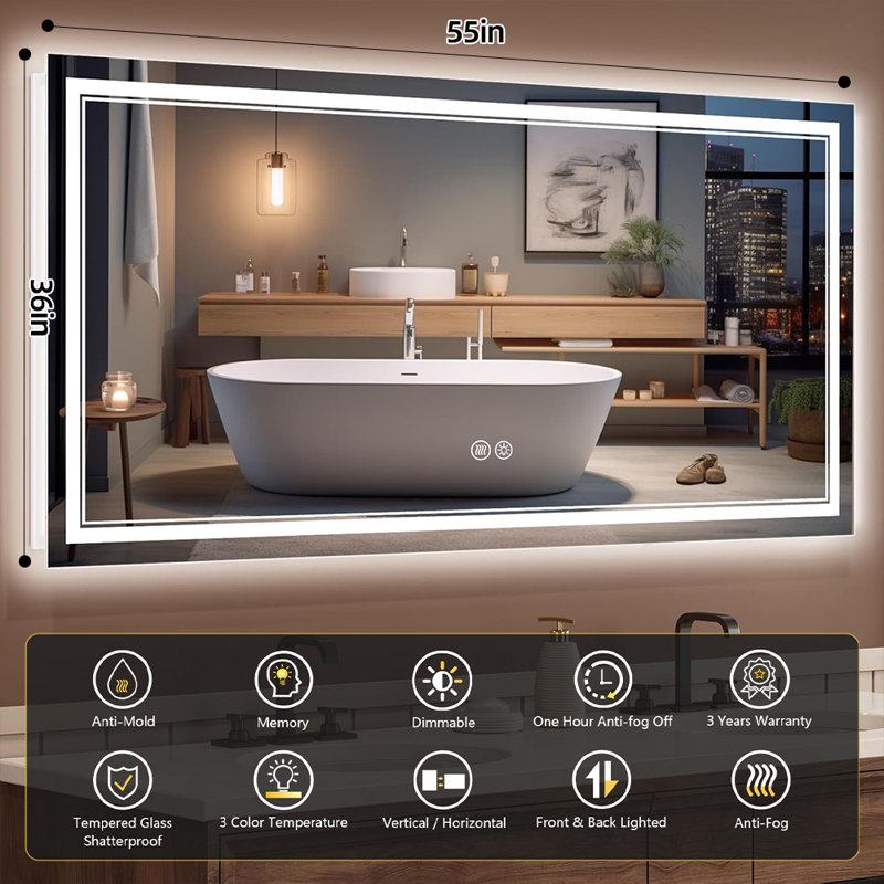 Chrisna UL Certified LED Bathroom Vanity Mirror, Front & Backlit, Anti-Fog Tempered Glass with 3-Year Warranty, 55"×36"