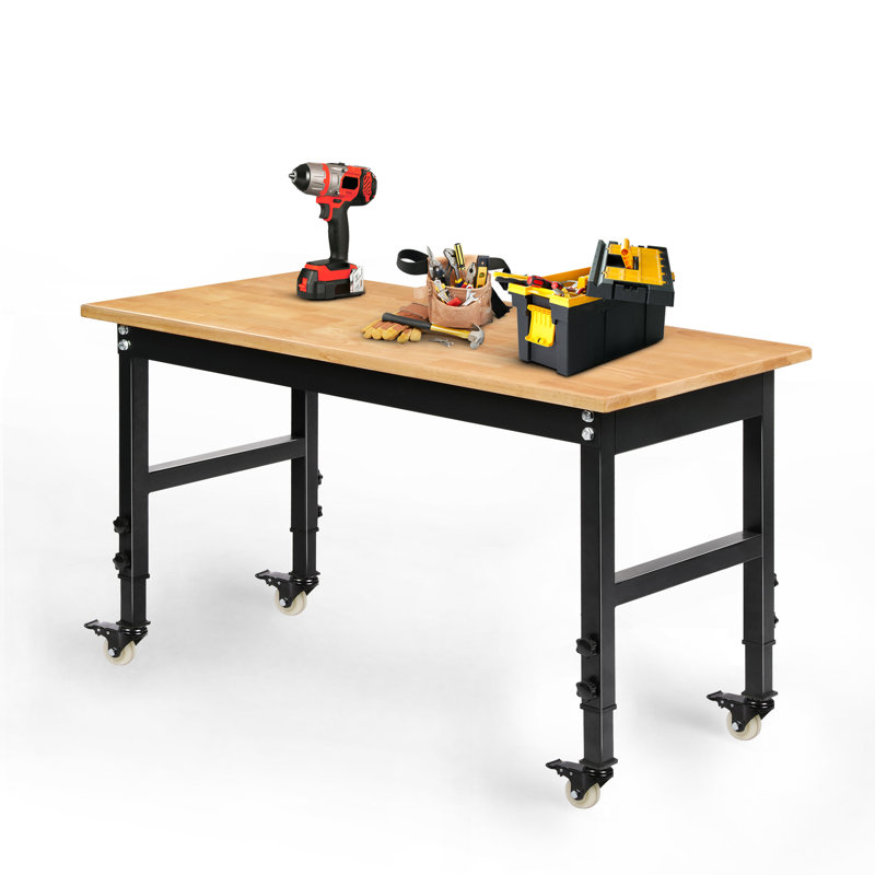 48'' Adjustable Height Oak and Steel Workbench with Wheels