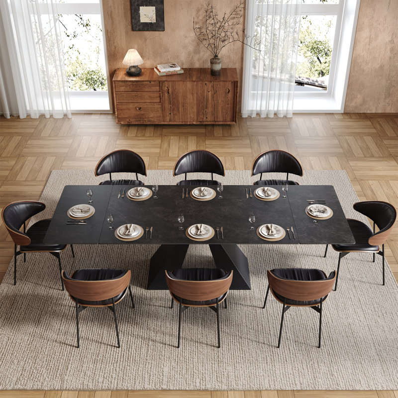 Ensemble de salle à manger 9 pièces avec table extensible en fritté noir mat de 63 à 95 po et 8 chaises rembourrées