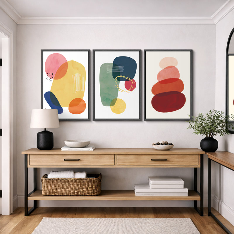 Abstrait aux couleurs vives, "Boho Bold Bright Circle Art", images murales géométriques colorées et modernes, impression sur toile encadrée, 3 pièces, art mural "16" x 24 "x 3 pièces, 24" x 36 "x 3 pièces