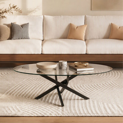 Oval Coffee Table, 39.37" Glass Side Table with Legs, Modern Tea Table for Living Room