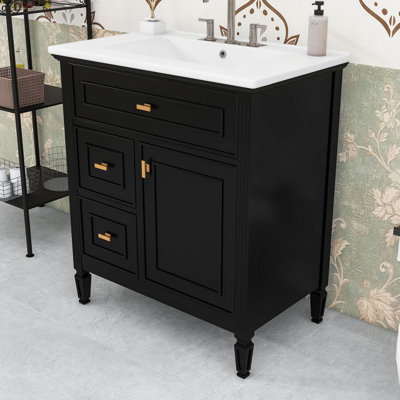 Armoire de salle de bain avec lavabo en céramique, 3 tiroirs et tablette réglable