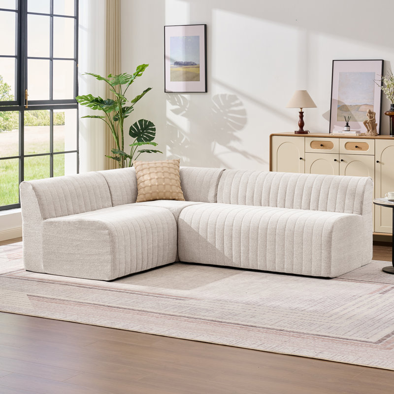 88" Wide Modular Upholstered L-Sectional Modern Chenille Channel Tufted Sofa Set Compression, Beige Chenille