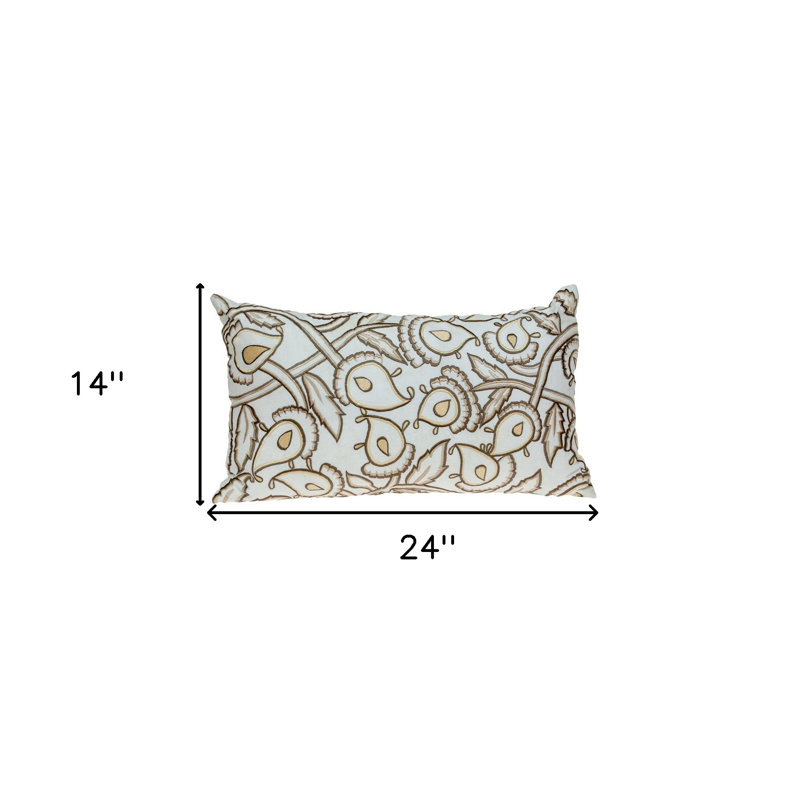 Coussin lombaire 14 po x 24 po en coton brun et blanc avec broderie