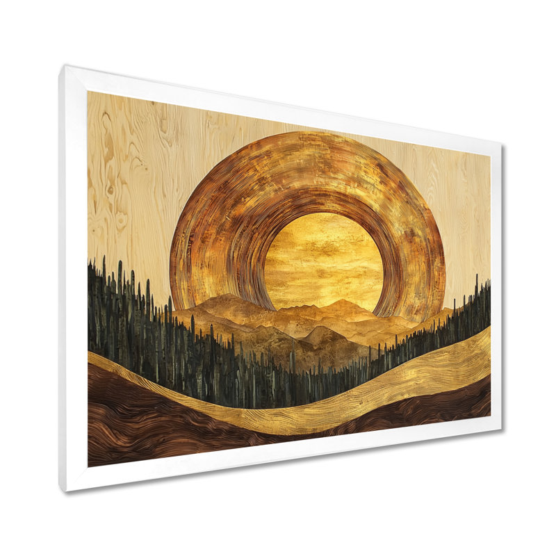 Lune en bois sur fond de forêt dorée audacieuse - forêt, art mural, H 16 po x l 32 po, Cadre simple, Blanc
