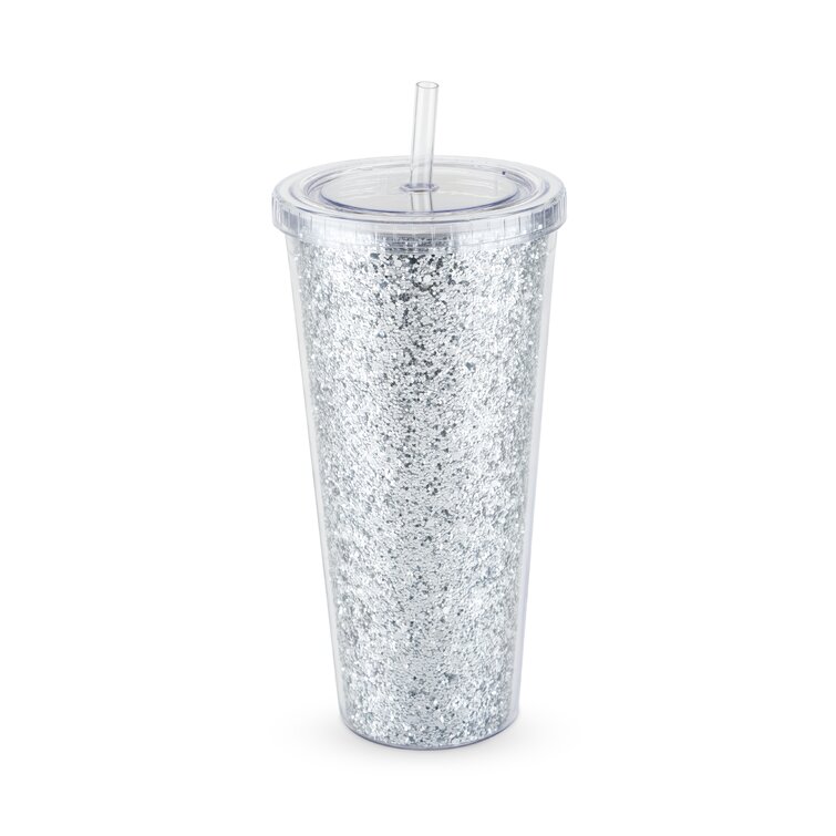 Way to Celebrate 24oz Plastic Tumbler with Straw , Pink Cup with Multi  Color Glitter, Everyday 