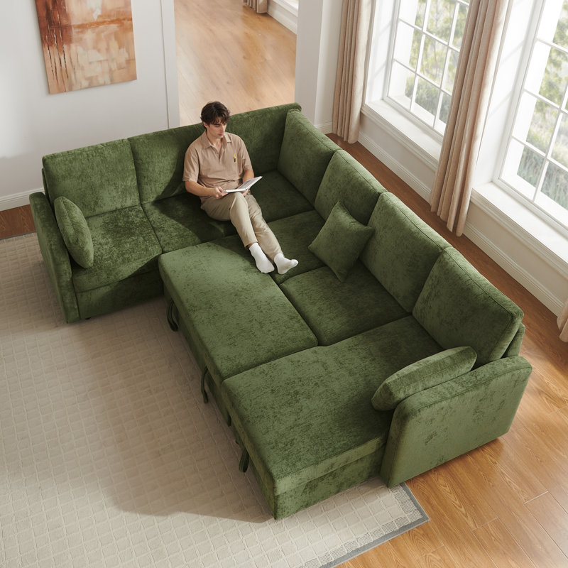 Modern Sofa With Storage Chaise And Pull-Out Sleeper, Olive