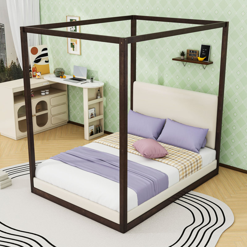 Lit plateforme à baldaquin en bois avec tête de lit, Espresso, Queen