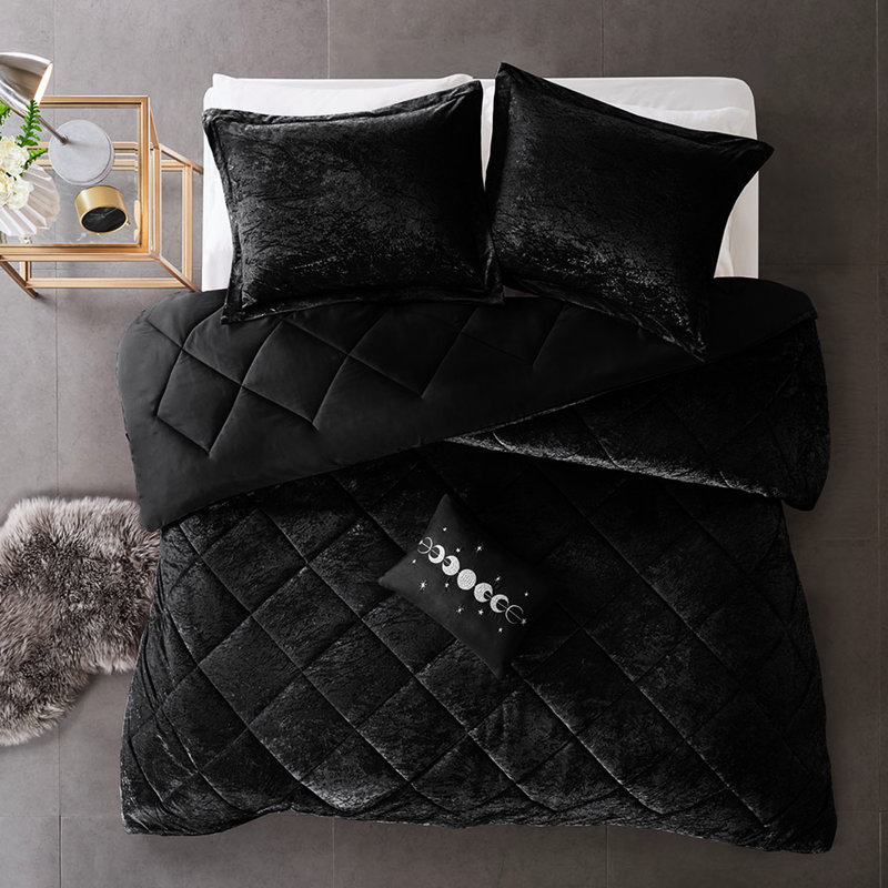 Édredon luxueux en velours noir pour très grand / très grand lit - très beau, rembourré, comprend 2 taies décoratives, 1 oreiller, ornement en losange lavable à la machine,
