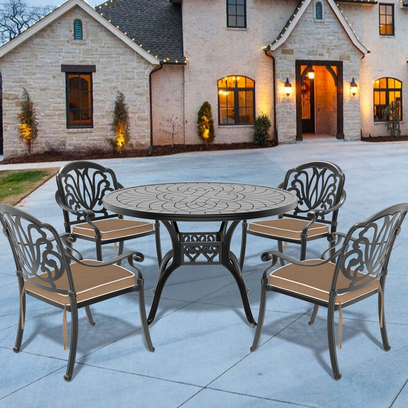 Patio noir avec fonte d'aluminium et coussins en mousse - Structure de 4 à 5 sièges
