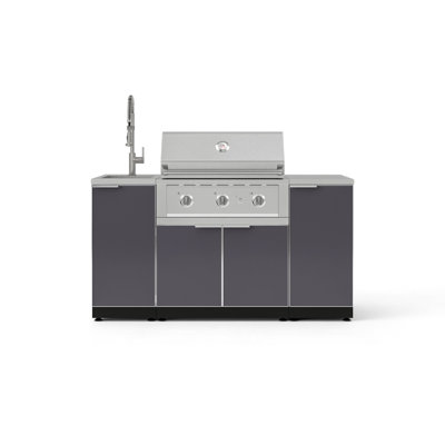 Ensemble d'armoires d'extérieur gris ardoise en aluminium 5 pièces avec évier, 1 porte, armoire de barbecue, barbecue au propane liquide 33 po, comptoir en acier inoxydable 16 po et robinet en nickel brossé