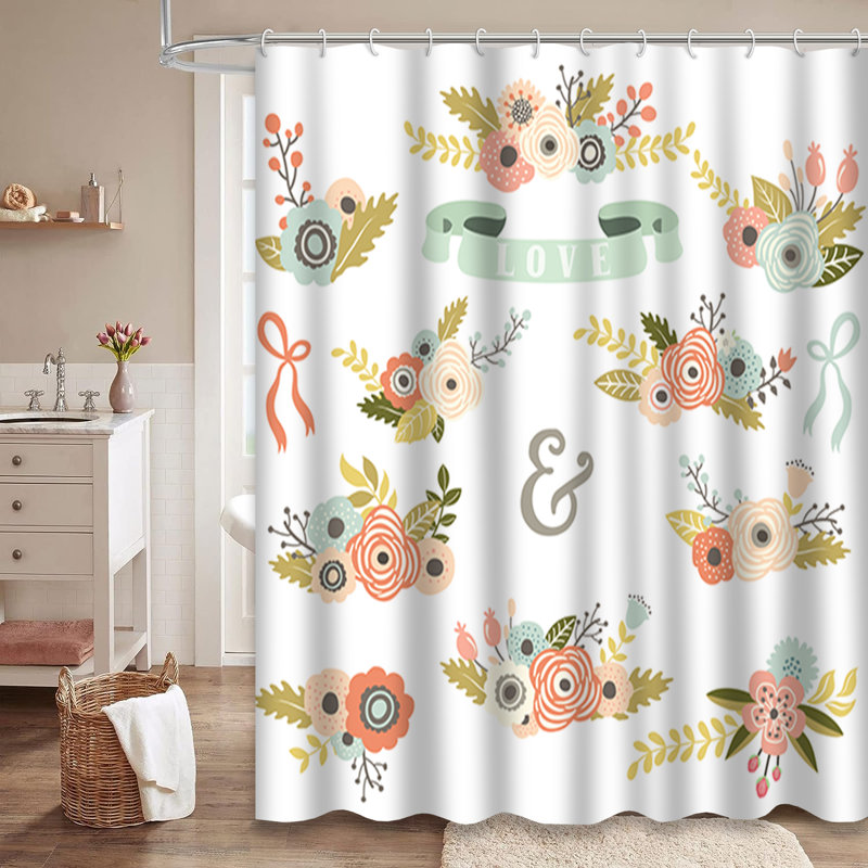 Rideau de douche rétro à motif floral avec 12 crochets, L 72 po x l 84 po
