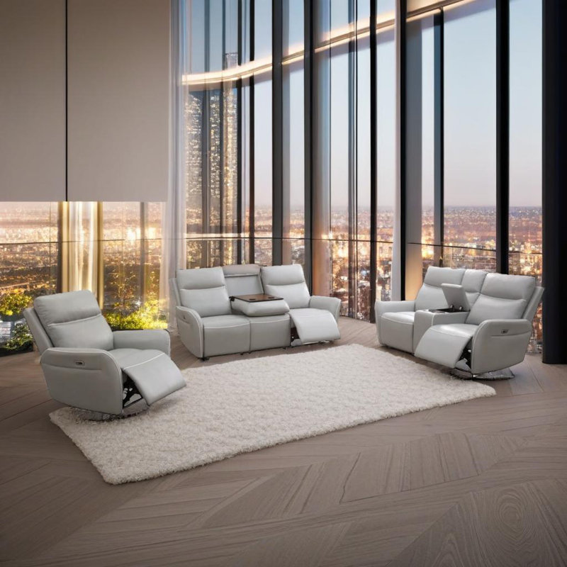 Ensemble de canapé inclinable 3 pièces en cuir gris clair
