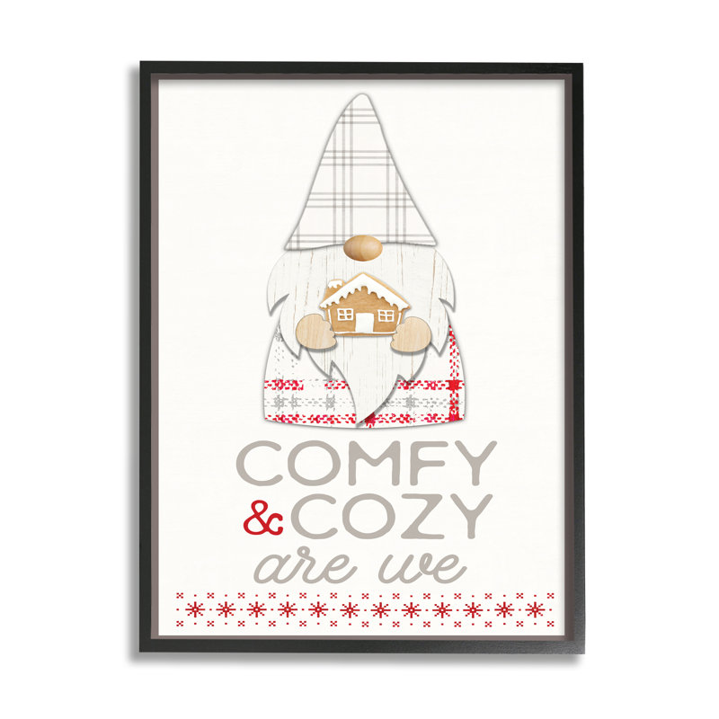 Gnome de Noël à carreaux rouge confortable et confortable, H 30 po x l 24 po, Giclée encadrée noir minuit