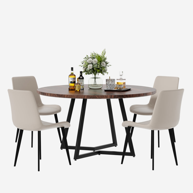 Ensemble de table de salle à manger Mid-Century, Crème, crème, Noyer, 5