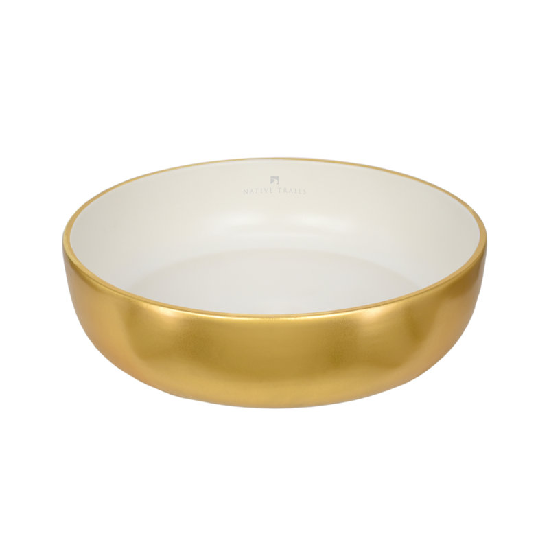 Bliss 16" Round Fireclay Vessel Bathroom Sink, Matte Gold/White