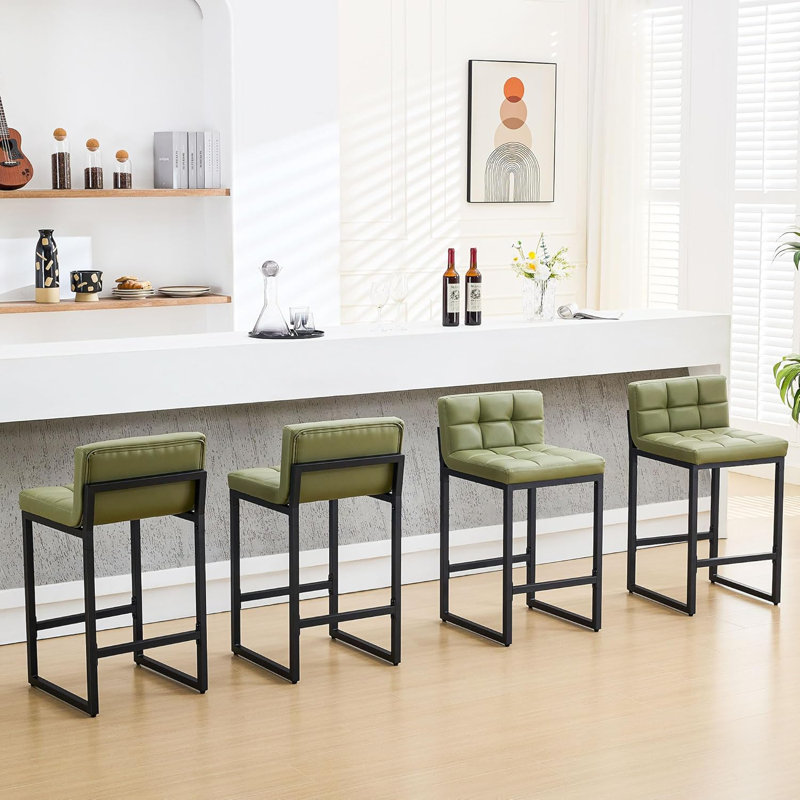 Tabouret de comptoir rembourré à dossier bas avec structure en métal épaissie pour îlot de cuisine, Vert, 4