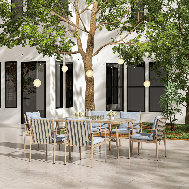 6 - Person Outdoor Aluminum Rectangular Dining Set with Cushions, Beige, Blue