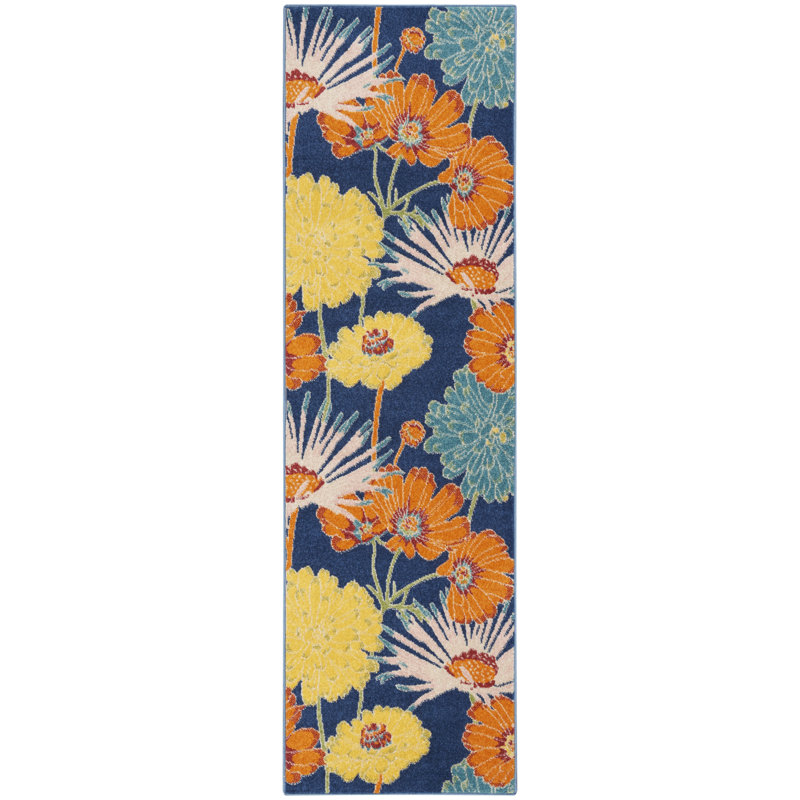 Tapis bleu marine à motif floral Lakenya, Tapis de couloir 2 pi 3 po x 7 pi 6 po