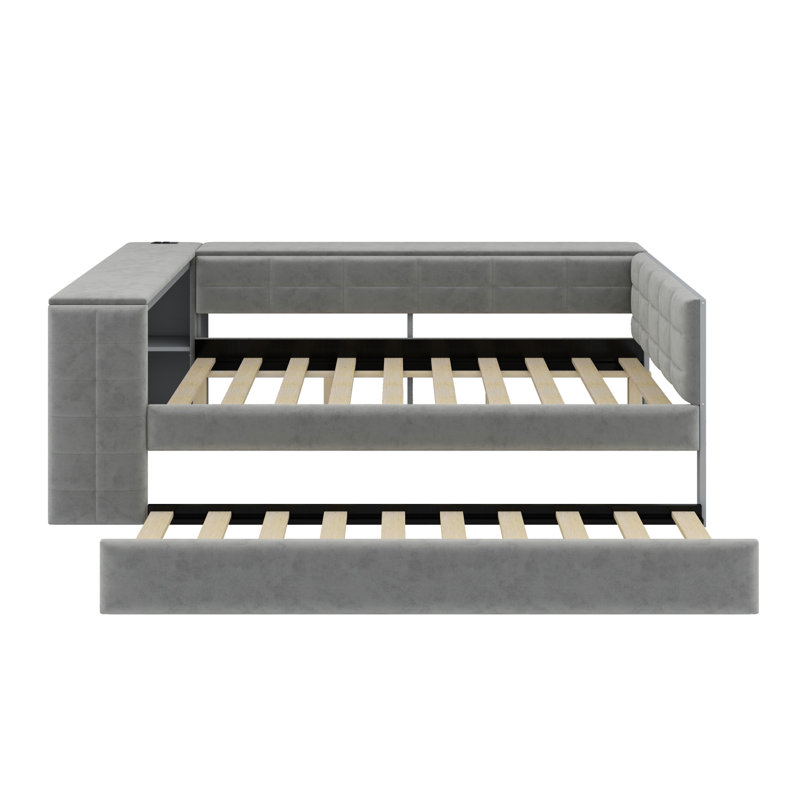 Lit plateforme tapissier avec tablettes de rangement, bureau, station de charge et lit gigogne, Gris