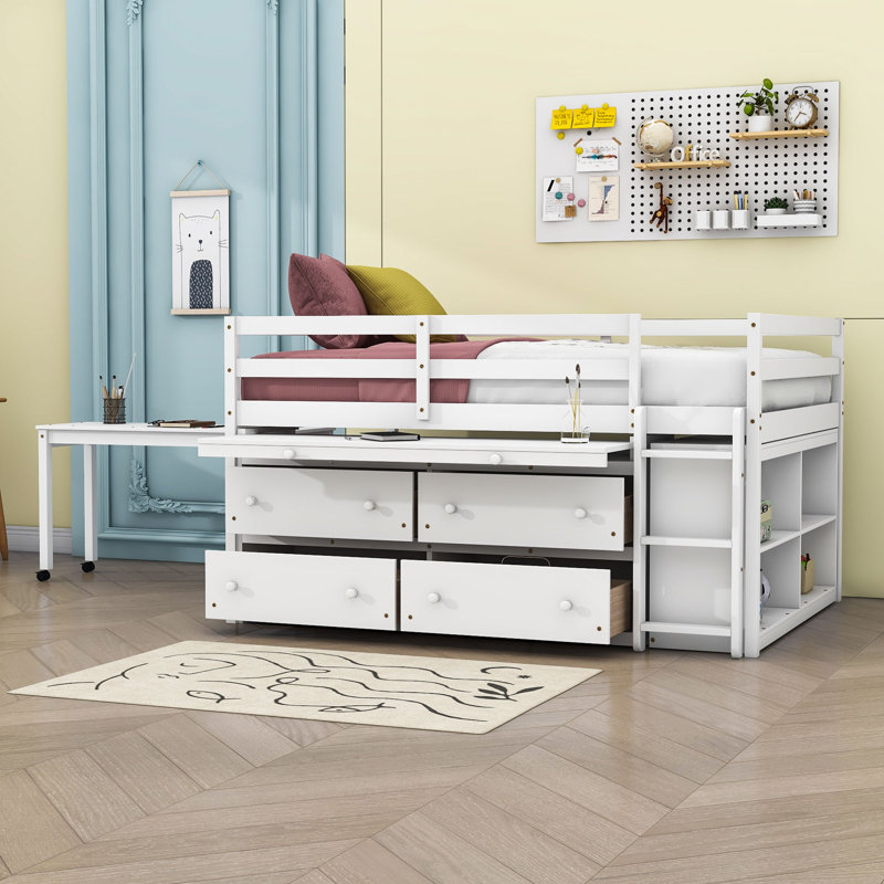 Lit mezzanine en bois 4 tiroirs avec bureau et tablettes Eli Kids, Simple, Blanc