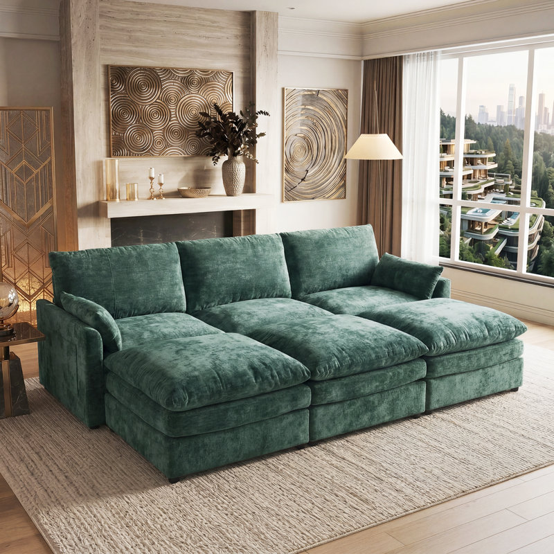 Drago 4-Piece Modern Upholstered Living Room Set With Ottomans, Green