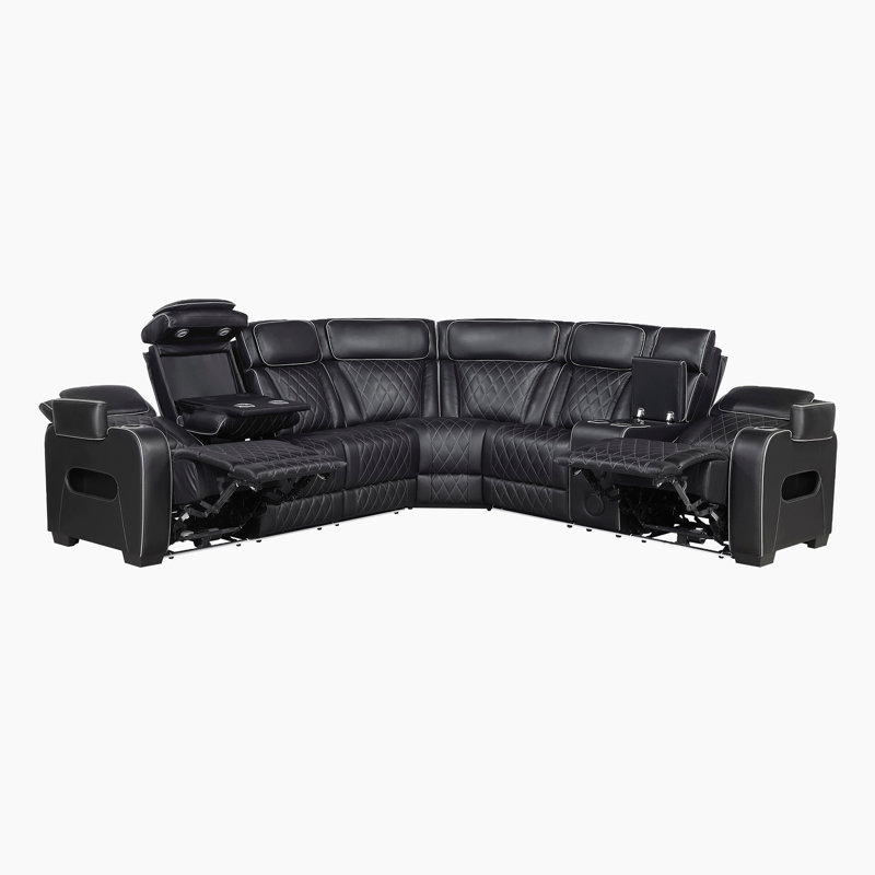 Savion 128" Modern & Contemporary 3-Piece Power Reclining Sectional - Faux leather Sectional with Ultimate Drop-Down Console with Wireless Charging and Dual Power Reclining & Adjustable Headrests
