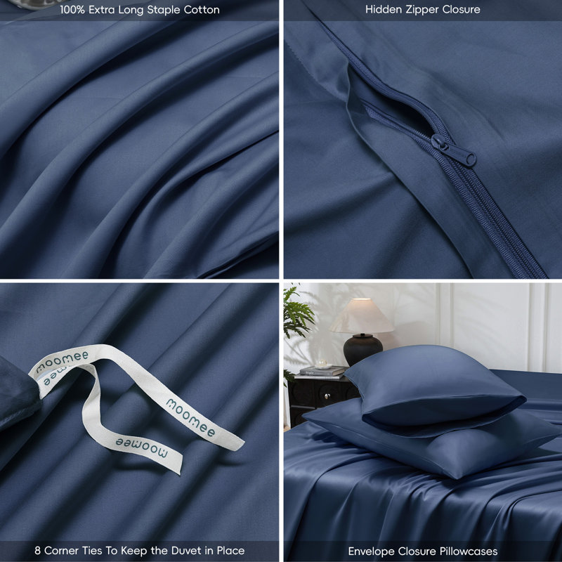 MooMee Duvet Cover Set Silky Sateen Look Luxury Sheen Zipper Closure & 8 Interior Ties 100% Long-Staple Cotton 600TC 