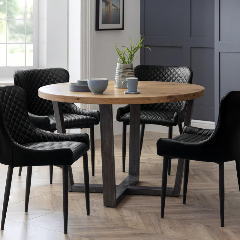 Armor Oak Round Solid Wood Top Metal Base Dining Table, Oak/Black