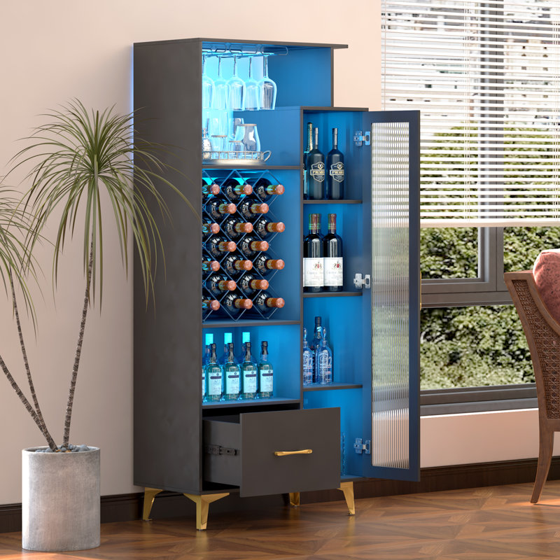 162.5cm H Wine Bar with Wine Storage and Cup Holder, Black