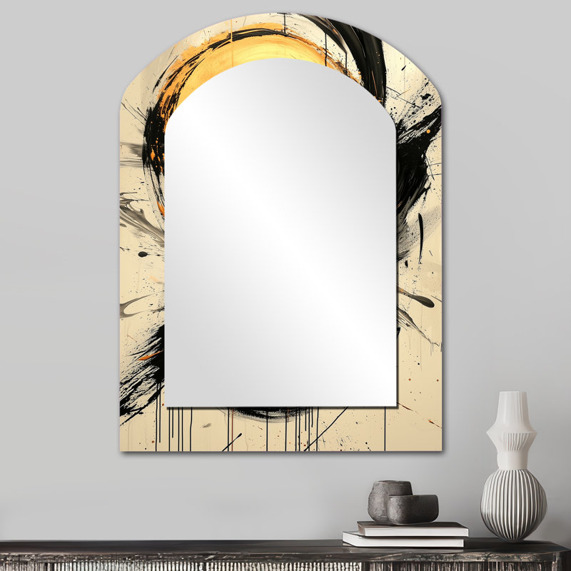 Abstract Circle In Gold And Grey Tones II - Abstract Shapes Arch Unique Mirror, Gold Asymmetrical Large Wall Mirror, Printed Metal Art