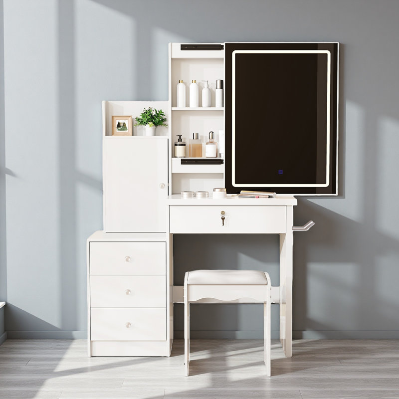 Ensemble de coiffeuse avec miroir coulissant éclairé, coiffeuse à maquillage avec 4 tiroirs et 9 espaces de rangement, compartiments cachés et tabouret rembourré, meuble de beauté pour chambre à coucher