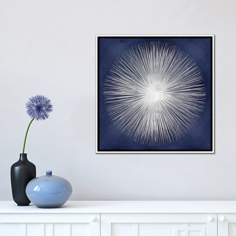 «Silver Sunburst On Blue I» par Abby Young - impression d'art graphique, Toile blanche encadrée, H 18 po x l 18 po x 1,5 po