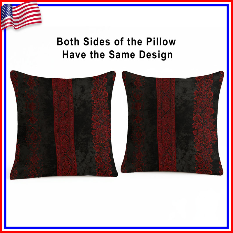 Red Black Floral Patterns Double Sided Throw Pillows, 18 x 18 inches
