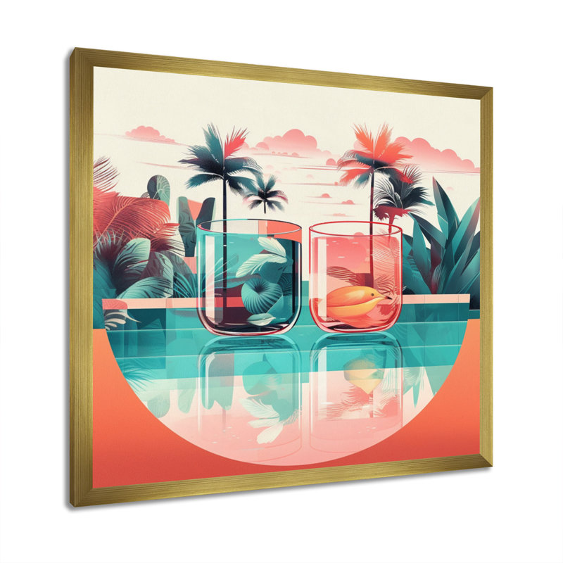 «Orange Green Tropical Drinks In Paradise», reproduction d'art sur toile, H 16 po x l 16 po x P 1 po, Cadre flottant doré