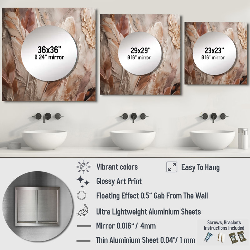 Mikiyah - Grand miroir carré en plumes glamour pour décoration murale, 36 po x 36 po