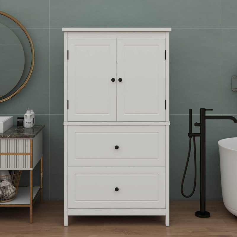 Freestanding Bathroom Floor Storage Cabinet Unit Featuring 2 Drawers, 2 Doors & Adjustable Shelf, White