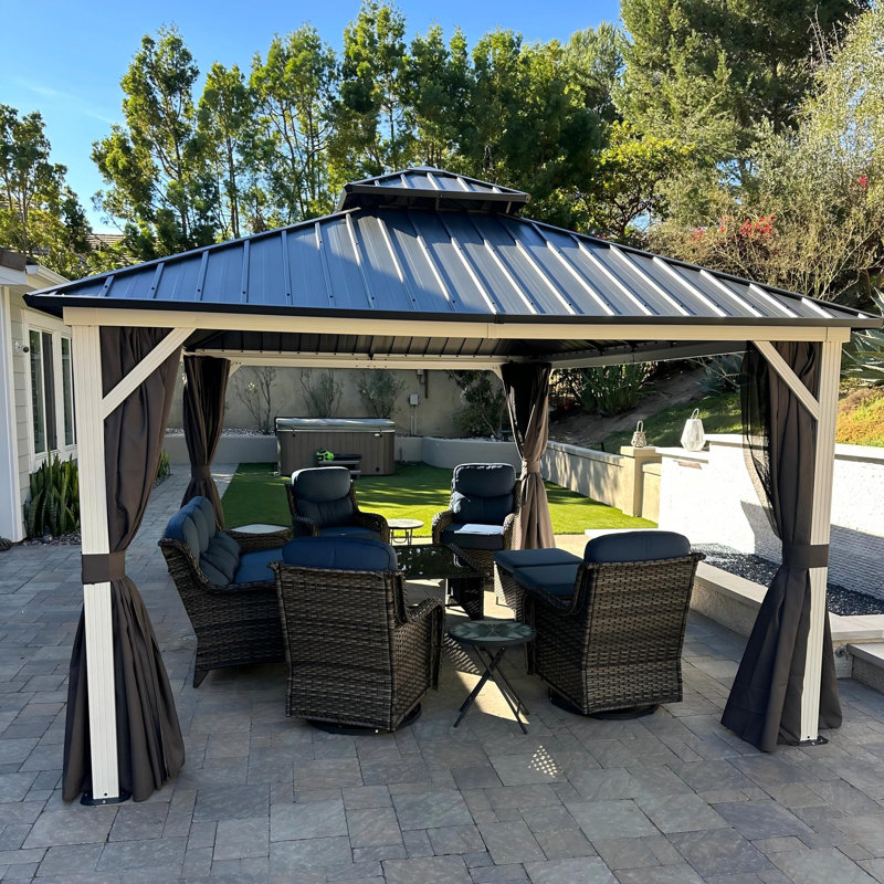 Pavillon de jardin à toit double 12 pi x 16 pi à toit rigide en mauve avec rideau et filet pour patio, jardin et cour arrière mauve
