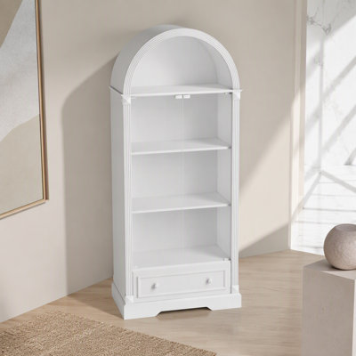 Vitrine cintrée haute de 71,25 pouces avec portes vitrées et bandes lumineuses DEL, meuble de rangement blanc pour cuisine et salle à manger avec tiroirs