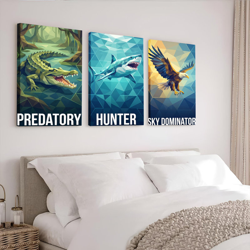 Predatory Crocodile Hunter Shark Sky Dominator Eagle Geometric Polygonal Style Canvas Wrapped Wall Art Oil Painting Print Set Of 3