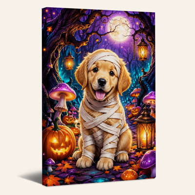 Art mural sur toile Mummy Dog in Spooky Forest with Glowing Pumpkins