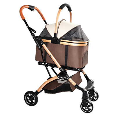 Pet Stroller for Dogs and Cats, 2-in-1 Detachable Foldable 4 Wheels Pet Stroller, Quick One-Hand Fold, Storage Basket, Detachable Carry Basket with Sun Canopy(Khaki++Gold)