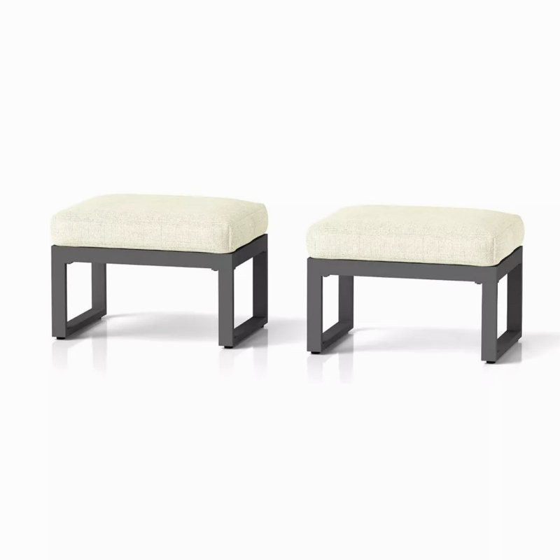 Set Of 2 26" All-Weather Aluminum Patio Ottomans Footrests With Thick Beige Cushions With Black Frame, Beige