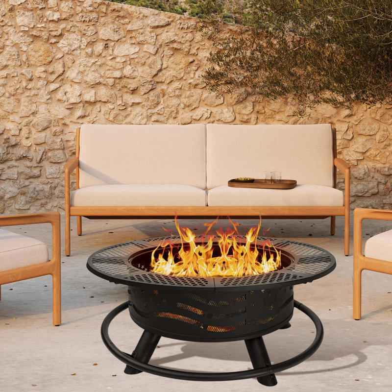 Wood Burning Fire Pit Table with Grill, 29.5" H x 36" W x 36" D