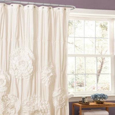 Ruffle Shower Curtain, 183 x 183 cm, Ivory Ruched Flower Design Luxury Shower Curtain Bathroom Decor