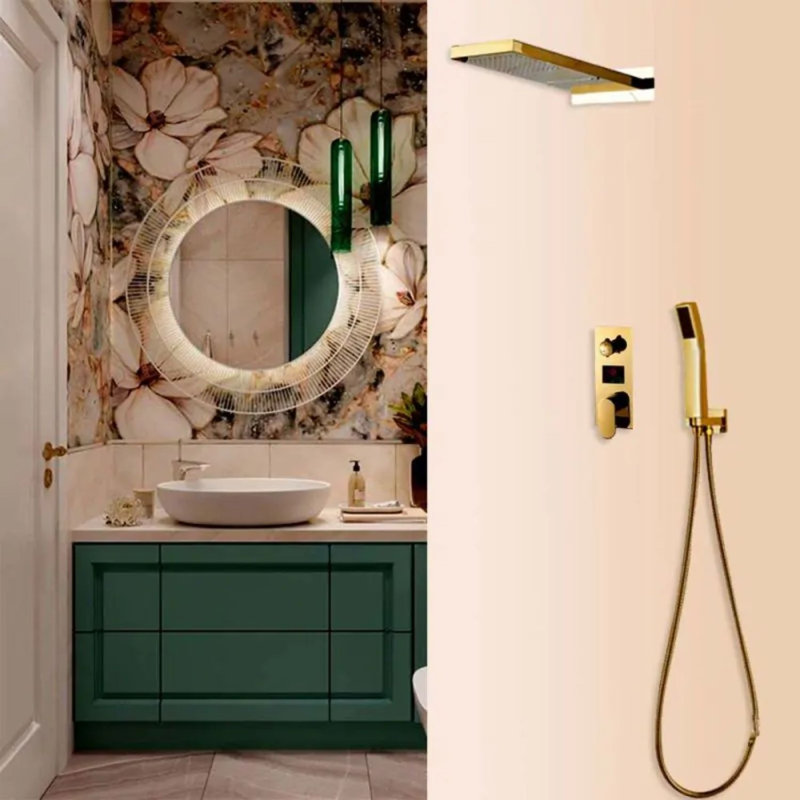 Juno Gold Rainfall Waterfall LED Shower Head with Hand-Held Shower